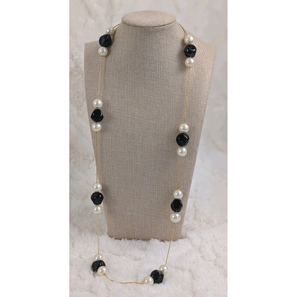 Anne Klein Long Necklace Black Beads Faux Pearls Gold Tone Convertible